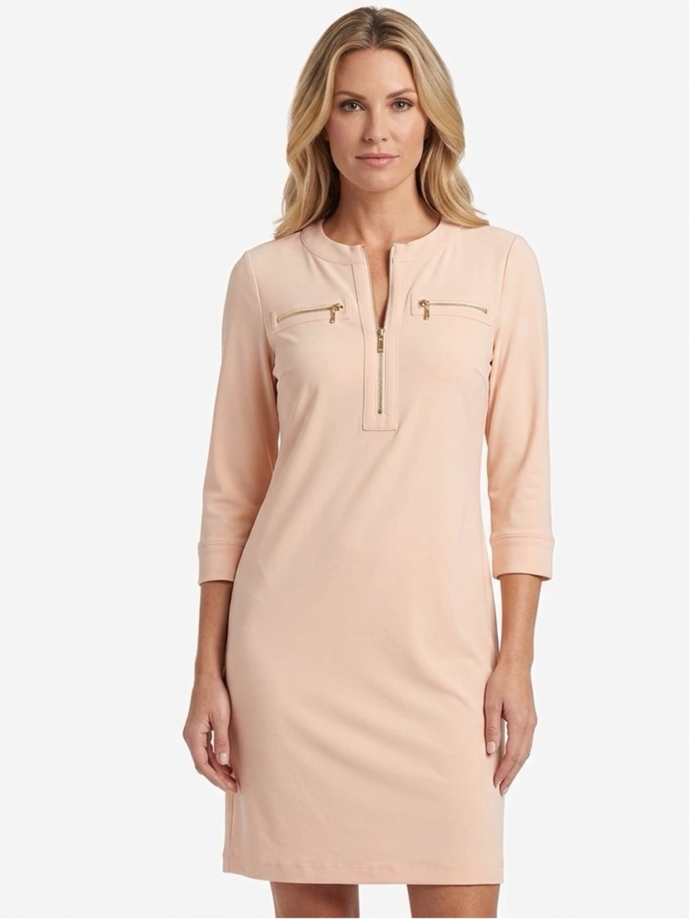 Boston Proper Beyond Travel Pale Pink Shift Dress with Gold Zipper Size M